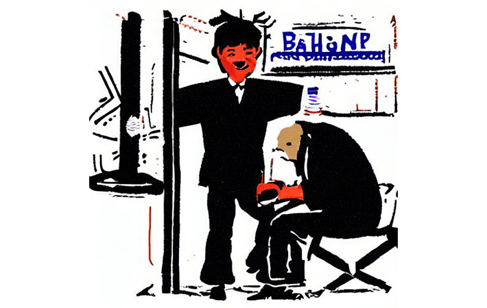 A shoeshine boy happily talking to a customer. An illustration