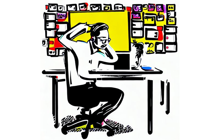 FX trader sitting in front of computer, exhausted. An illustration.