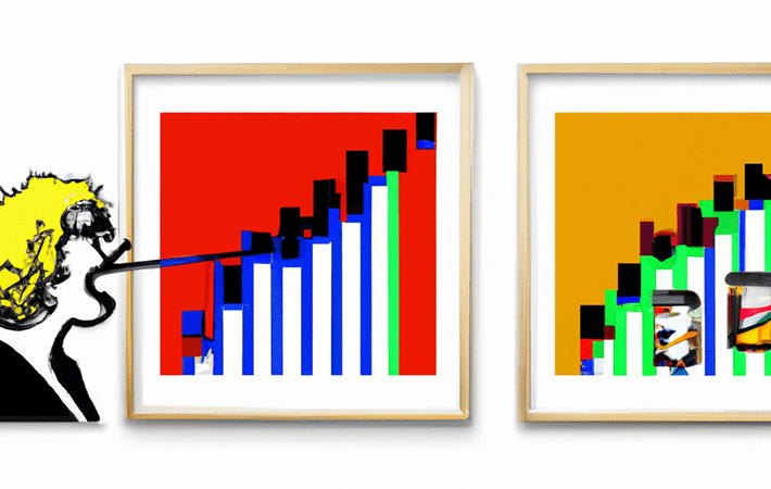 Andy Warhol tasted white background oil painting that shows The action that selling and buying stocks with chart. Dall.E2 extracted.