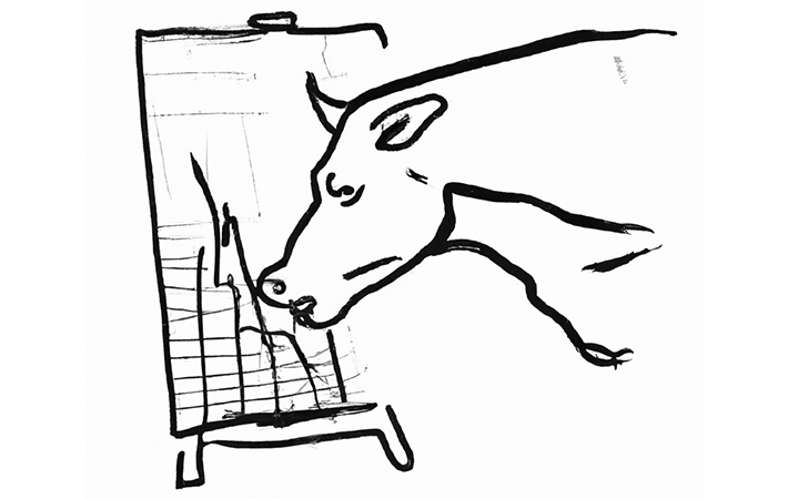 Bull with chart. Pablo Picasso tasted, white background sketch. Dall.E2 extracted.