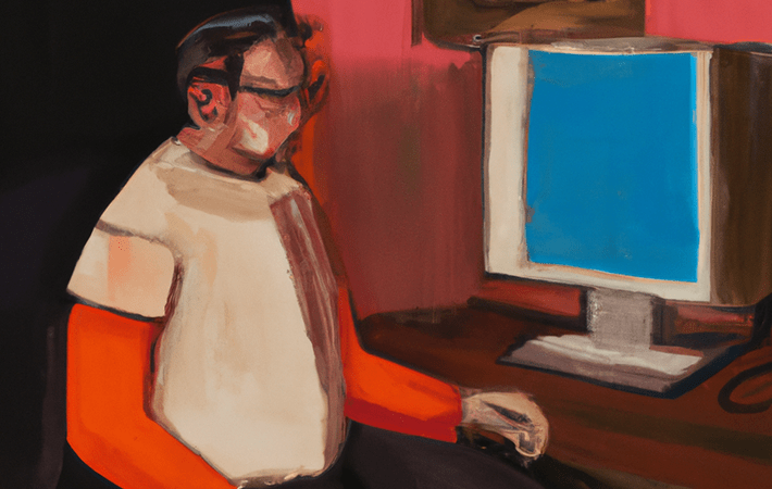 Francis Bacon tasted oil painting of trader with serious face in t-shirt at his desk chirt displayed computer on, at home 2