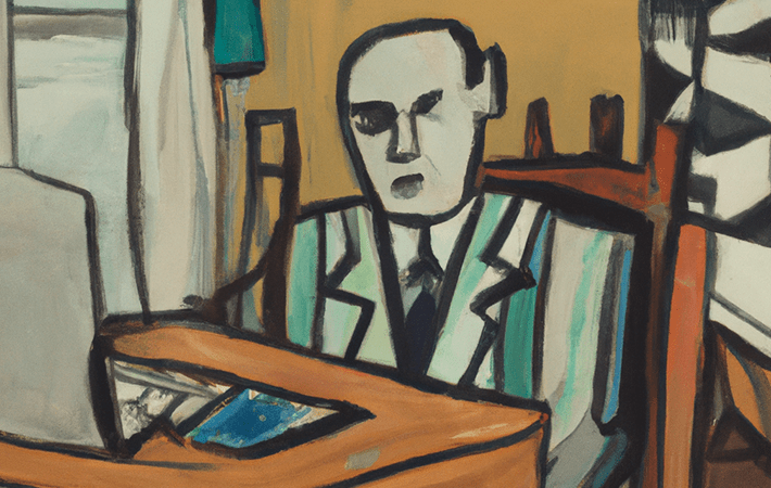 Pablo Picasso tasted oil painting of trader with serious face in t-shirt at his desk chirt displayed computer on, at home