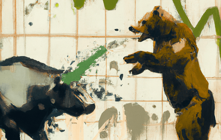 Banksy tasted painting, Flourishing stock market with bull and bear