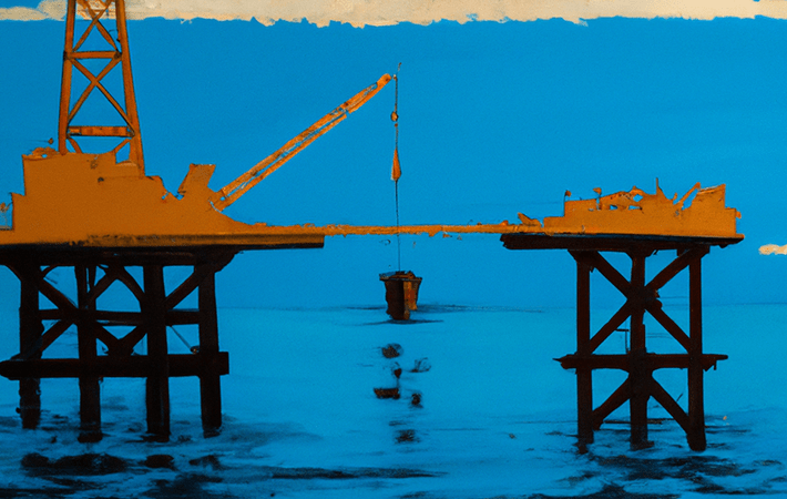 "Crude oil mining platform at ocean" Banksy tasted painting