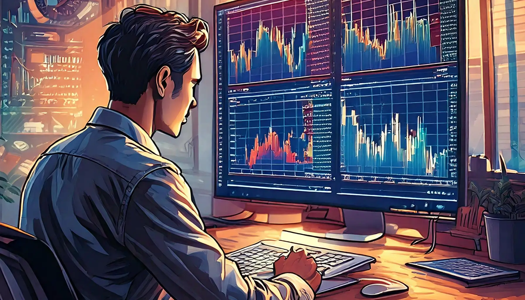 man trading while looking at charts at his desk